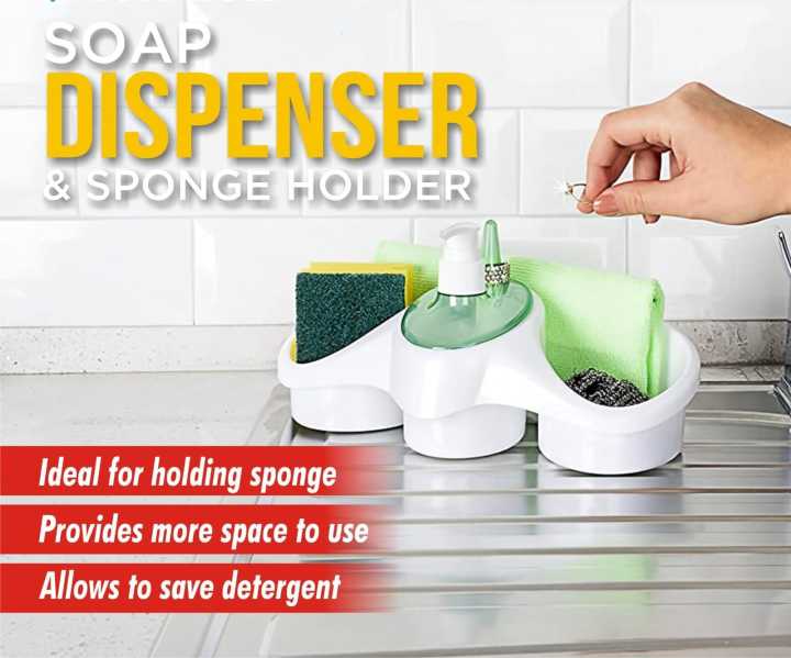 3-in-1 Plastic Dish Soap Dispenser with Sponge Holder & Pump Bottle Caddy Organizer for Kitchen Sink Bathroom Counter Storage and Organization Hand Soap Dispenser Holds and Stores Sponges Scrubbers Liquid Soap Pump Dispenser