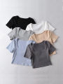 Women Square Neck Rib Crop T-shirt Short Sleeve Crop Top.