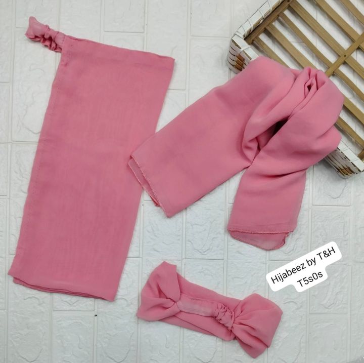Hijabeez by t&h collection artical 3pc hijab set stuff imported china chiff on size scarf 30 inch weidth 72 inch length nikab 14 inch weldth 15 inch length haed  band free size