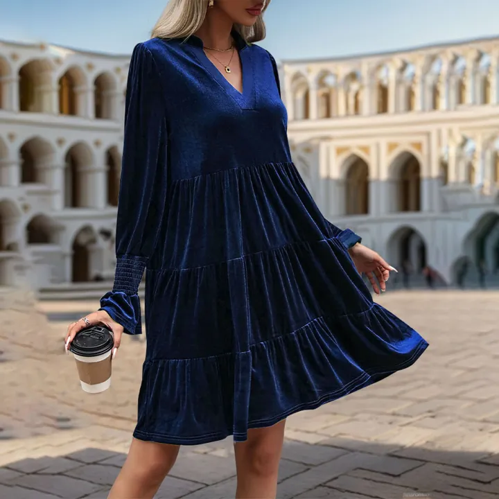 Women%20Elegant%20Velvet%20Dress%20Long%20Sleeve%20Solid%20Loose%20High%20Waist%20V-Neck%20Midi%20Dresses%20Evening%20Party%20Chic%20Lady%20Robe%20Christmas%20Clothes%20-%20Image%203