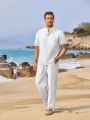 Summer men's cotton and linen set casual Henley shirt short sleeved+loose straight leg pants solid color two-piece set.