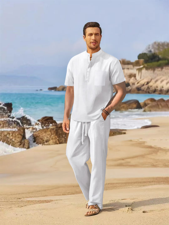 Summer%20men's%20cotton%20and%20linen%20set%20casual%20Henley%20shirt%20short%20sleeved+loose%20straight%20leg%20pants%20solid%20color%20two-piece%20set%20-%20Image%203
