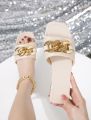 Women Chain Decor Slide Sandals, Fashion Summer Flat Sandals. 