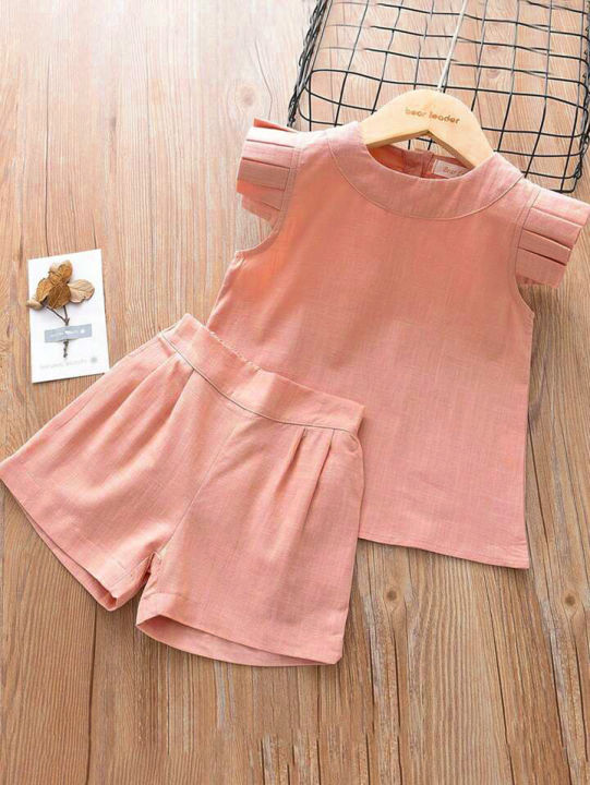 Girl%202-Piece%20Solid%20Color%20Ruffle%20Hem%20Sweet%20Top%20And%20Pleated%20Shorts%20Dress%20-%20Image%203
