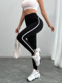Women's High Waist Yoga Leggings Black Striped Tights Sports Pants. 