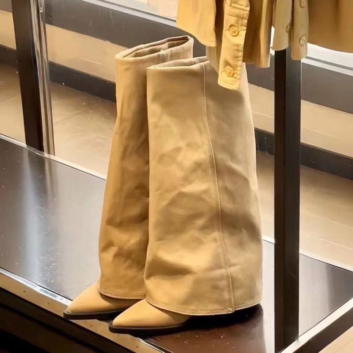 Women Pointed Toe High Boots Fashion Mid Heels Shoes Woman Chunky Trend Chelsea Boots Pumps Elegant Mujer Snow Goth Botas