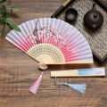 Retro Style Folding Fan Female Japanese Pattern Retro Cloth Art Craft  Home Decoration Ornament Dancing Hand Fan. 