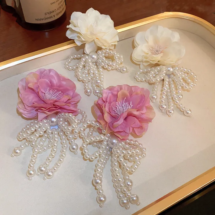 New%20Bohemian%20White%20Pink%20Big%20Cloth%20Flower%20Earrings%20for%20Women%20Statement%20Jewelry%20Handmade%20Pearl%20Bowknot%20Tassel%20Pendientes%20-%20Image%203