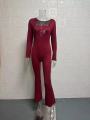 Foreign Trade Women's Long Sleeved Waist Cinching and Waist Lifting Square Collar Wide Leg High Elastic Jumpsuit.