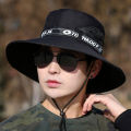 Windproof Men Outdoor Hat Wide Brim Flat Top Men Camping Hat Letter Print Anti-UV Strap Hollow Out Men Fisherman Hat Headwear. 