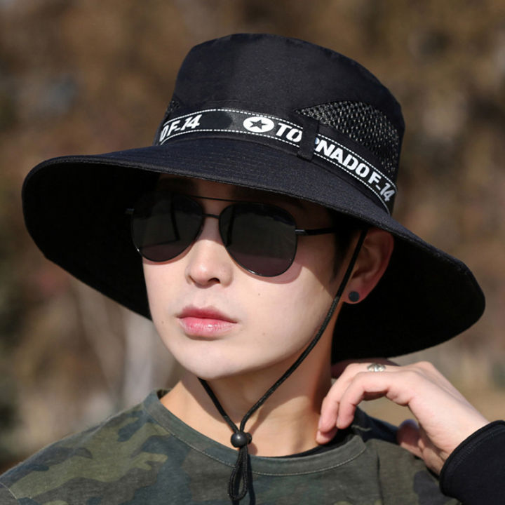 Windproof%20Men%20Outdoor%20Hat%20Wide%20Brim%20Flat%20Top%20Men%20Camping%20Hat%20Letter%20Print%20Anti-UV%20Strap%20Hollow%20Out%20Men%20Fisherman%20Hat%20Headwear%20-%20Image%207