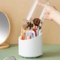 360° Rotating Makeup Brush Holder | Transparent Brush Organizer Box with Lid | Dust-Proof Vanity Desktop Bathroom Counter Cosmetic Accessory - White (1-Piece). 