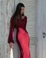 Elegant Wine Red Silk Bodycon Maxi Dress – Full Sleeves | Evening & Party Wear. 