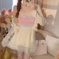 Summer Dopamine Colored Stripes Butterfly Knitted Tank Top Women V Neck Sleeveless Slim Camisole. 