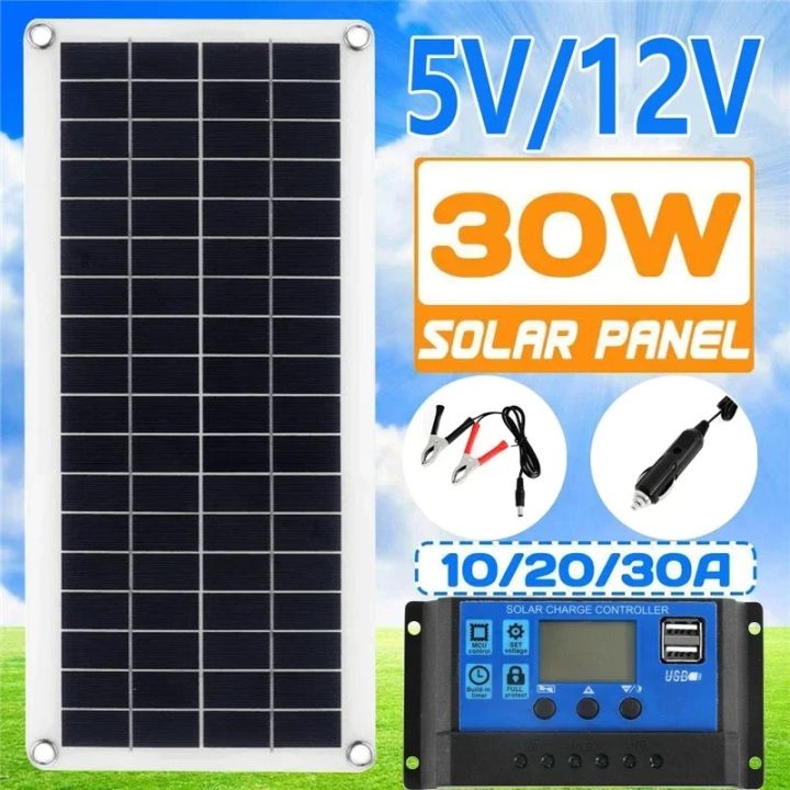 30W 12V Solar Panel Kit with Dual USB Output & 20A/30A/40A/50A Charge ...