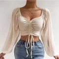ALLUKASA Sexy Mesh Lantern Sleeves Drawstring Wrap Chest Bare Midriff T Shirt Women Long Sleeves Bottoming. 