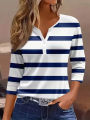 Ladies' striped and printed half-button placket large-size long-sleeved T-shirt, fashionable, elegant, casual, warm long-sleeved.