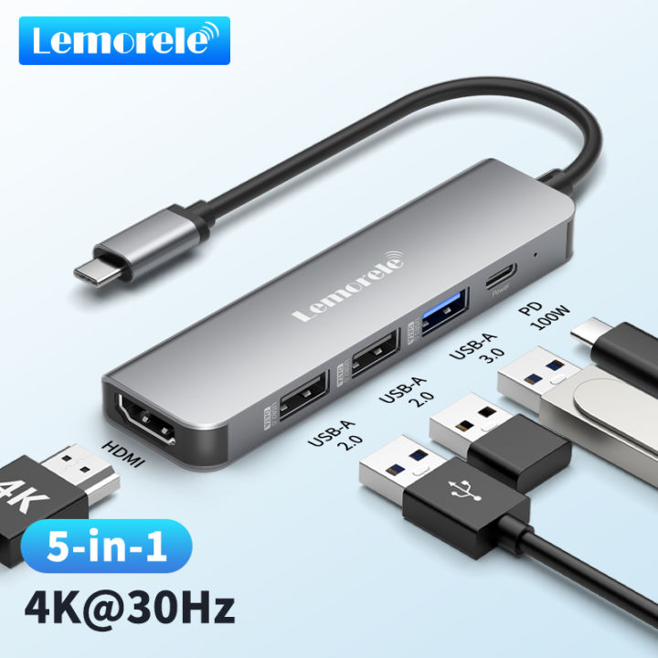 Lemorele TC101 5-in-1 USB C Hub 4K HDMI Docking Station 100W PD USB 3.0 5Gbps for MacBook/// Aluminum Dock