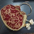 Bridal Potli Bag - Embroidered Red Chiffon Purse with Golden Sequin, Round Metal Handle, Wedding Accessory. 