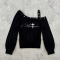 Y2K autumn and winter new long sleeved women's T-shirt simple sloping shoulder off shoulder DIY print simple. 
