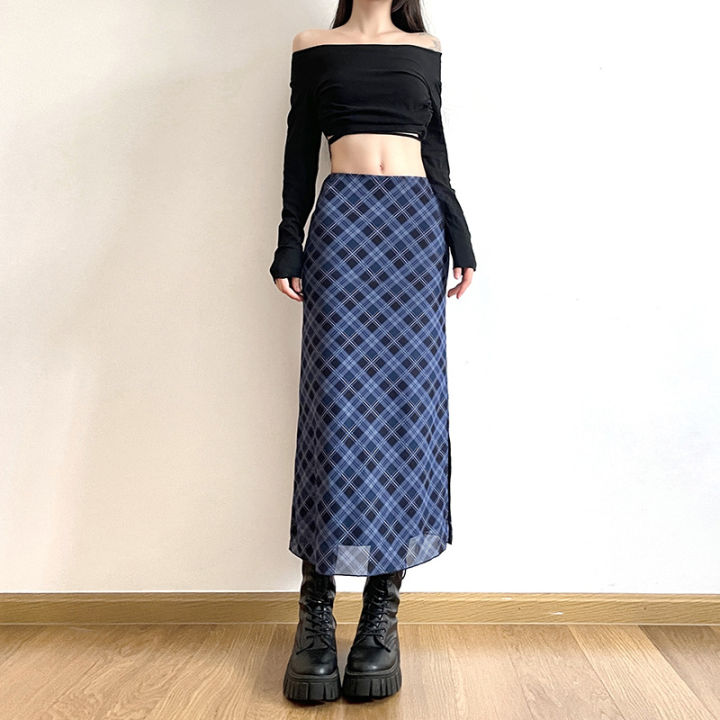 Women Spring Autumn Plaid Print Wrap Hips Skirts Fashion Ankle-Length Slim Pencil Skirts Preppy Style Girls Slit Midiskirt