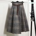 Gray Plaid Vintage Woolen Sashe Elastic High Waist A-line Loose Women's Skirt Mid-Calf Long Skirts For Women Clothing Fashion. 