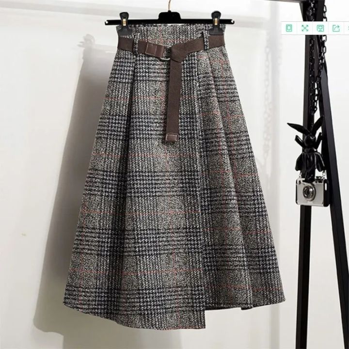 Gray%20Plaid%20Vintage%20Woolen%20Sashe%20Elastic%20High%20Waist%20A-line%20Loose%20Women's%20Skirt%20Mid-Calf%20Long%20Skirts%20For%20Women%20Clothing%20Fashion%20-%20Image%202