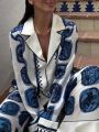 KONDALA Vintage Casual Print Women Suit Single Breasted V Neck Shirts+Loose Wide Leg Long Pants Fashion 2024 Autumn Women Sets.