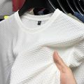 Men's Short Sleeve Mesh Bamboo Ice Silk T-shirt Casual Versatile Summer Elastic Slimming Top for Men. 