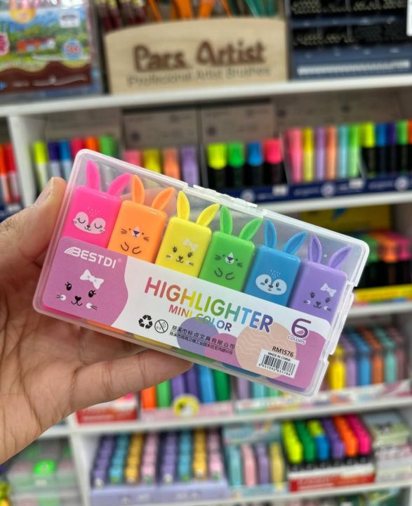 Cute Bunny Mini Highlighter Set – 6 Colors | School & Office Stationery | Kids Study Essential