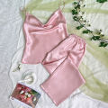 Solid Satin Pajama Set Draped Collar Cami Top Elastic Waistband Pants Women's Sleepwear Loungewear.