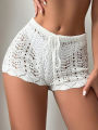 Hollow Drawstring Open Waist Knitted Bikini Blocked Women's Shorts. 