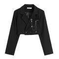 Women Punk Gothic Cropped Blazer with Metal Chain Harajuku Design Streetwear Chic Patchwork Suit Office Lady Commute Short Coat. 