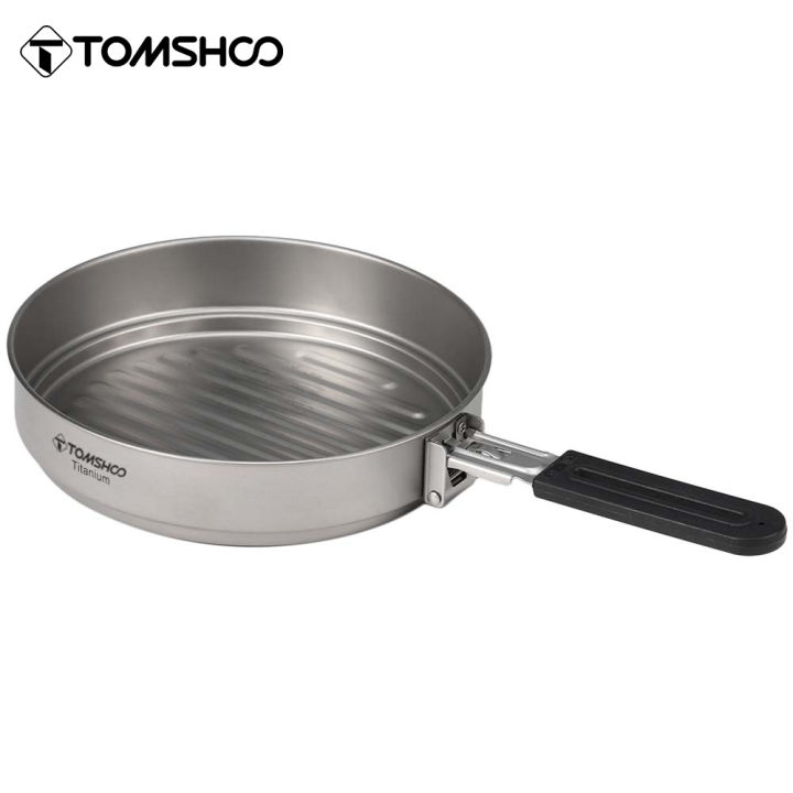 Tomshoo 1100ml Titanium Fry Pan Ultralight Grill Frying Pan with Folding Handle for Outdoor Cooking Camping Hiking Backpacking