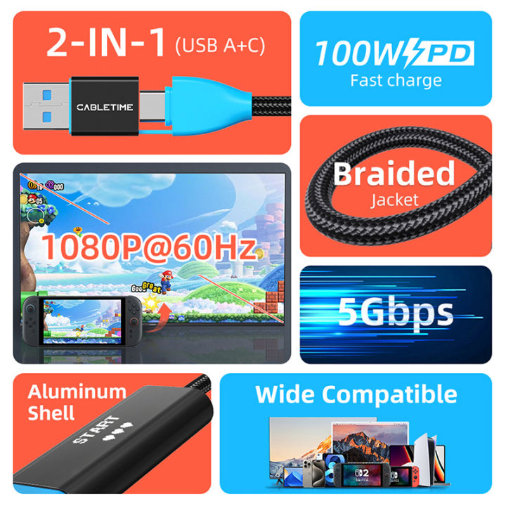 CABLETIME%20USB%20C%20Video%20Capture%20Card%20100W%20PD%20Card%202-in-1%20USB%20A/USB%20C%201080P@60Hz%205Gbps%20for%20Tablet%20Laptop%20%20Switch%202%20-%20Image%202
