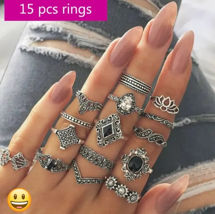 Vintage Boho 15-Piece Ring Set – Antique Silver Stackable Rings | Daraz.pk