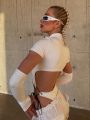 Short Sleeve Bodysuit, Mock Neck Women Y2k Clothes, Hollow Out One-Piece Body Feminino, Lace Up Club Outfits,  Lingerie. 