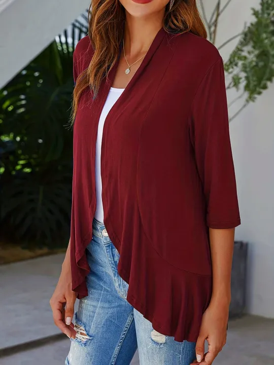 Plus%20Size%20V-neck%20Loose%20Pleated%20Cardigans%20Casual%20Frill%20Solid%203/4%20Sleeve%20Spring%20Summer%20Fall%20Cardigan%20Plus%20Size%20Women's%20Clothing%20-%20Image%205