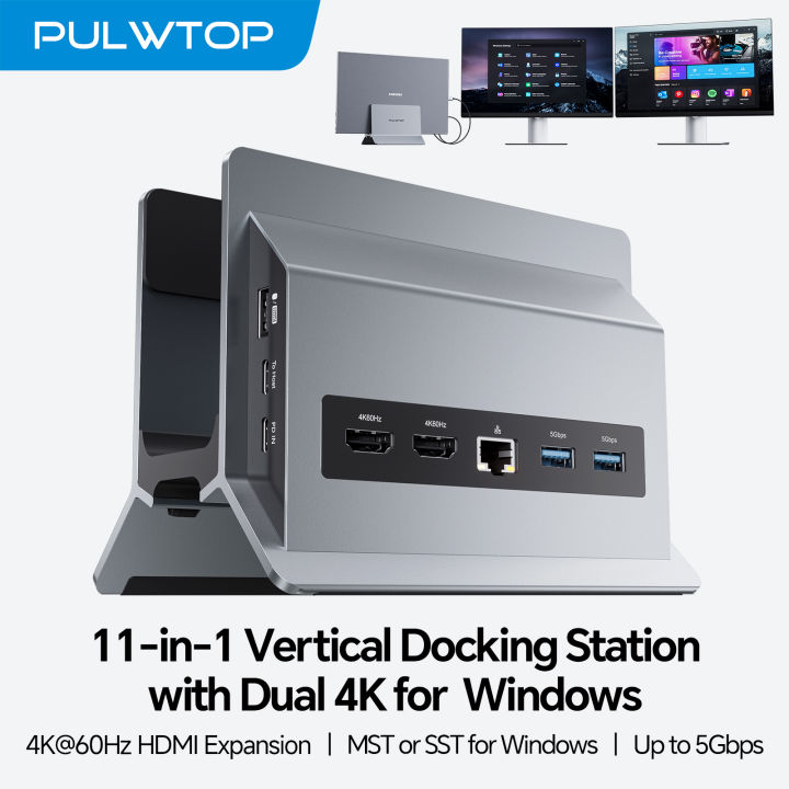 PULWTOP USB-C Laptop Docking Station Dual Monitor, 11 in 1 Vertical USB C Dock Stand with USB A 2.0, 2*USB-A 5Gbps for Laptops