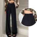 Women Fashion Suit Pants Lady Breathable Baggy High Waist Wide Leg Trousers Lady Straight Leg Gray Classic Office Long Pants.
