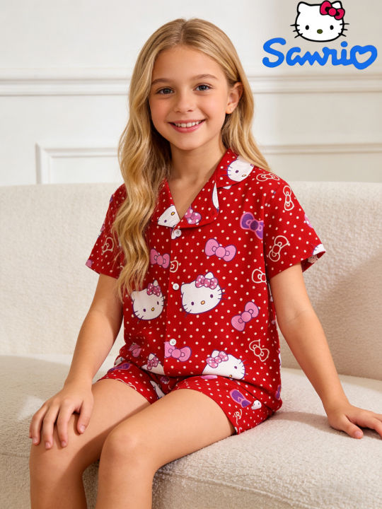 Sanrio%20Girls'%20Pajama%20Home%20Dress%20Set%20Summer%20Edition,%20Hello%20Kitty%20Button%20Short%20Sleeve%20Top%20and%20Shorts,%20Suitable%20for%20Home%20Wear%20-%20Image%204