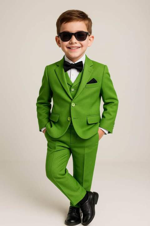 Stylish Boys Formal 5-Piece Suit with Shirt, Pant, Waist coat Bow Tie – Green & Blue (6 Months – 11 Years)