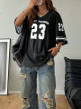 Summer New Black Enjoy Freedom 23 Print T-Shirt For Women V-Neck Short Sleeve Mesh Sports Football Jersey Y2K Oversized Tops. 