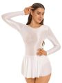 Women's Glossy Long Sleeve Ruffled Leotard Dress Solid Color round Neck for Ballet Swimming Dance Training Sports.