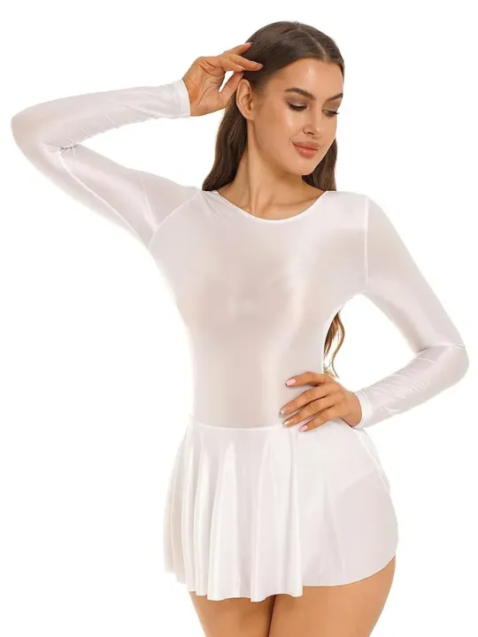 Women's%20Glossy%20Long%20Sleeve%20Ruffled%20Leotard%20Dress%20Solid%20Color%20round%20Neck%20for%20Ballet%20Swimming%20Dance%20Training%20Sports%20-%20Image%205