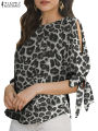 ZANZEA Summer Leopard Printed Blouse Women Elegant Half Sleeve Work Shirt Fashion Lace Up Holiday Tops Bohemian Stylish Blusas.