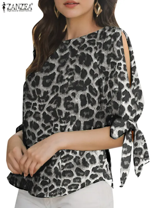 ZANZEA%20Summer%20Leopard%20Printed%20Blouse%20Women%20Elegant%20Half%20Sleeve%20Work%20Shirt%20Fashion%20Lace%20Up%20Holiday%20Tops%20Bohemian%20Stylish%20Blusas%20-%20Image%204