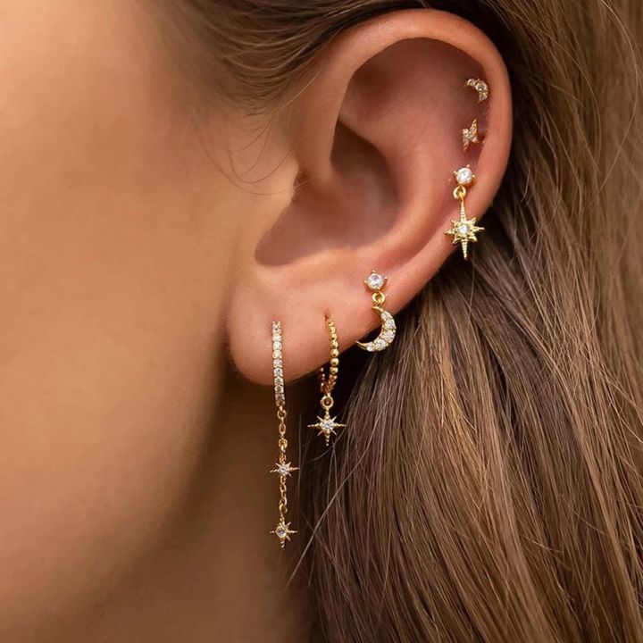 2/3/4 Pcs Star Moon Pendant Design CZ Chain Hoop Earring For Women, Stainless Steel Cartilage Stud Earring Piercing Jewelry