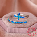 Classic Cross Blue Fire Opal Opening Rings For Women Real 925 Sterling Silver Wedding Band Jewelry. 