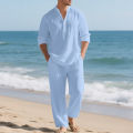 Linen Autumn New Men's Suit Beach Style Loose Casual Breathable V-Long Sleeve Henley Shirt with Straight-Leg Pants 2 Set. 
